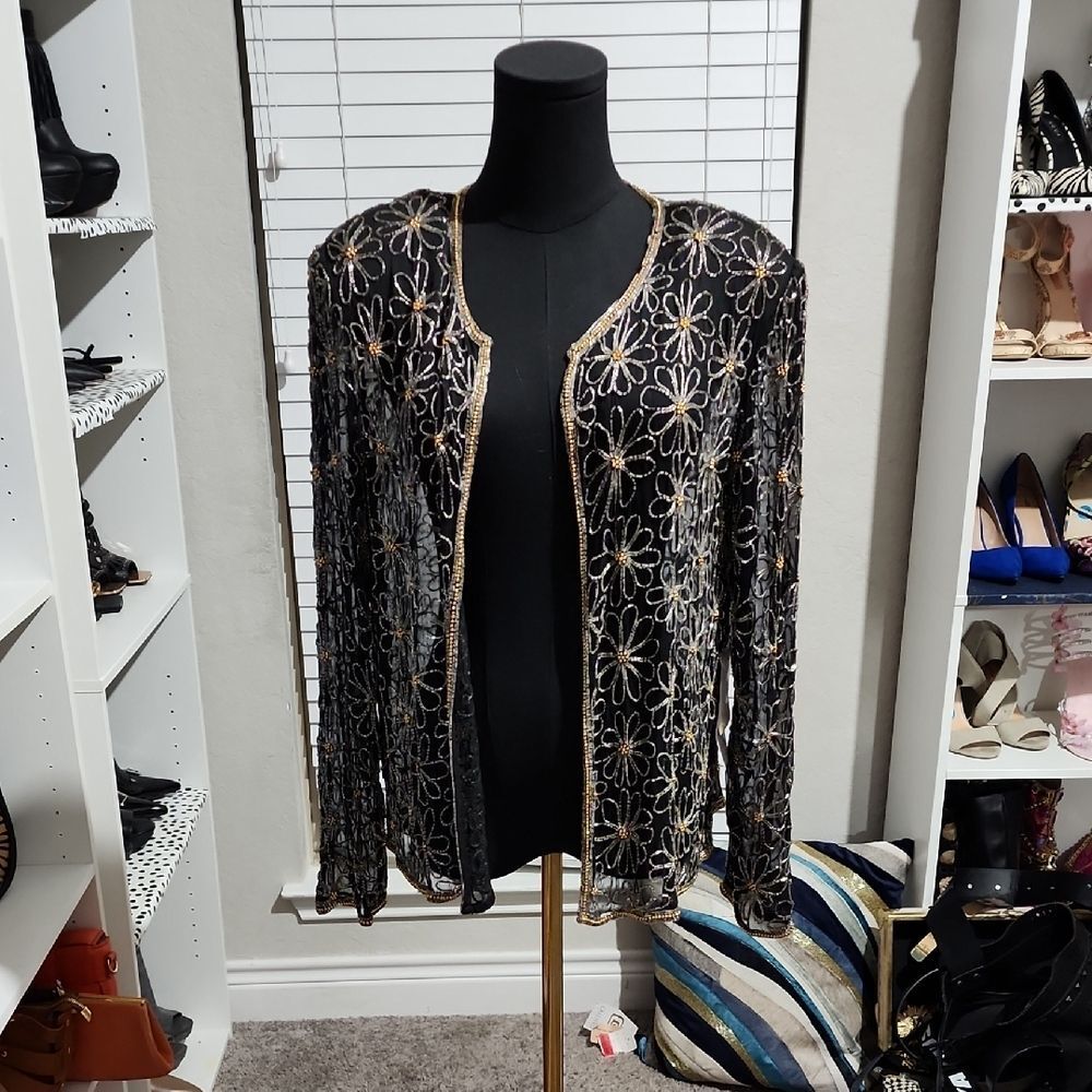 Mark & John Black Sheer Jacket with Gold Embroidery